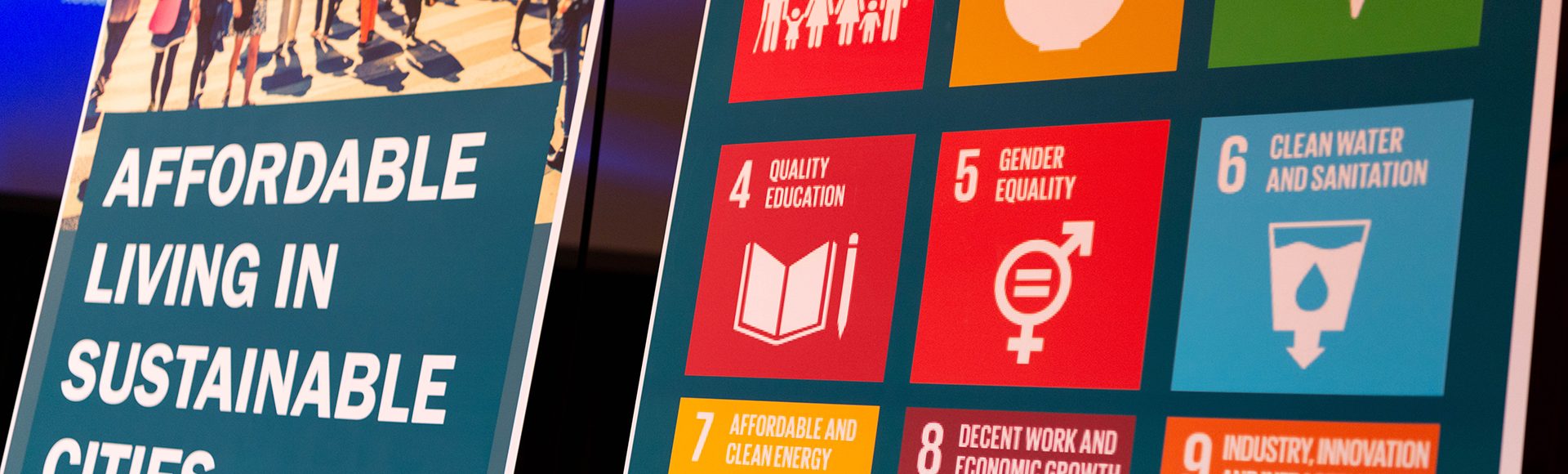 Banner on stage with the Sustainable Development Goals icons