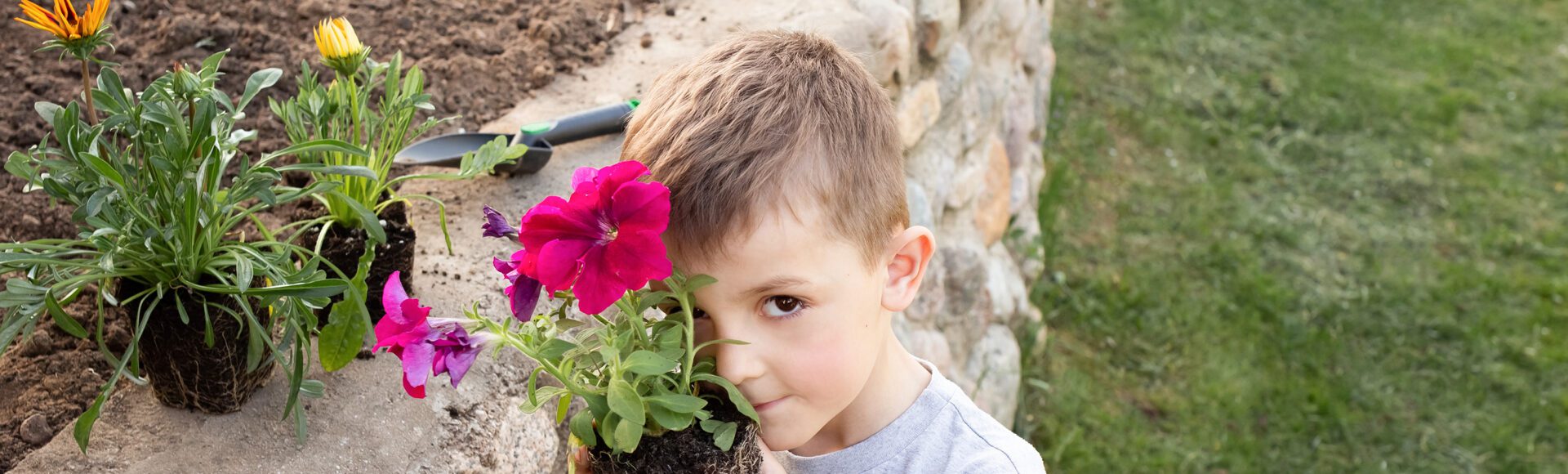 Boy holding a pot plant